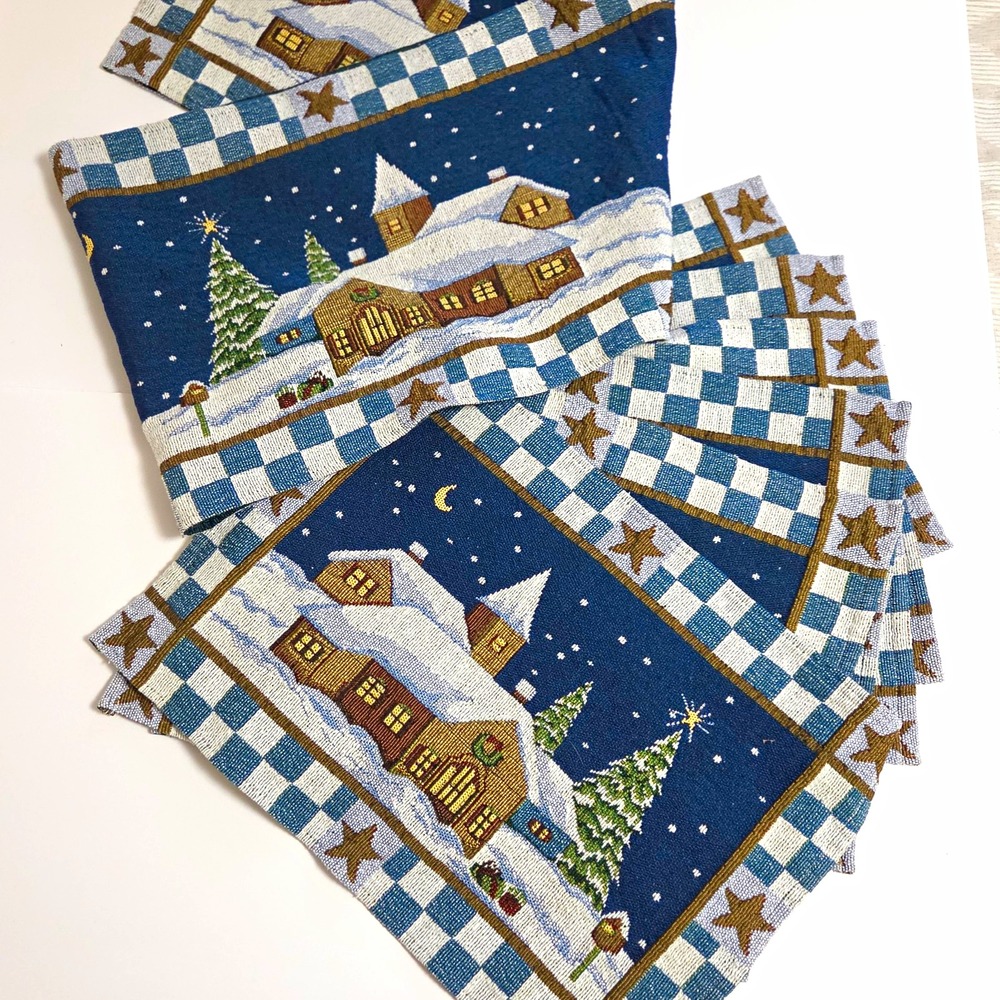 Christmas Place Mats Table Runner 7 Set Vtg Woven Tapestry Rustic Cabin W Stars